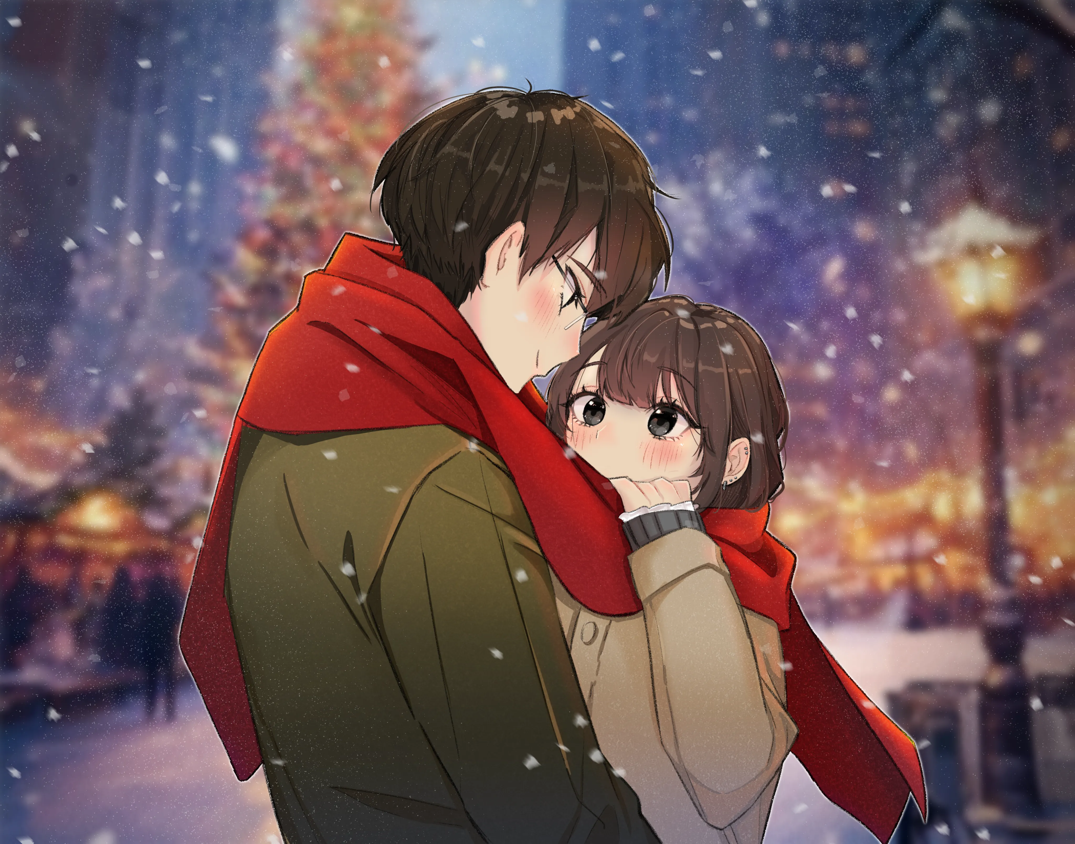 A couple embracing on a snowy street lit by warm lights.