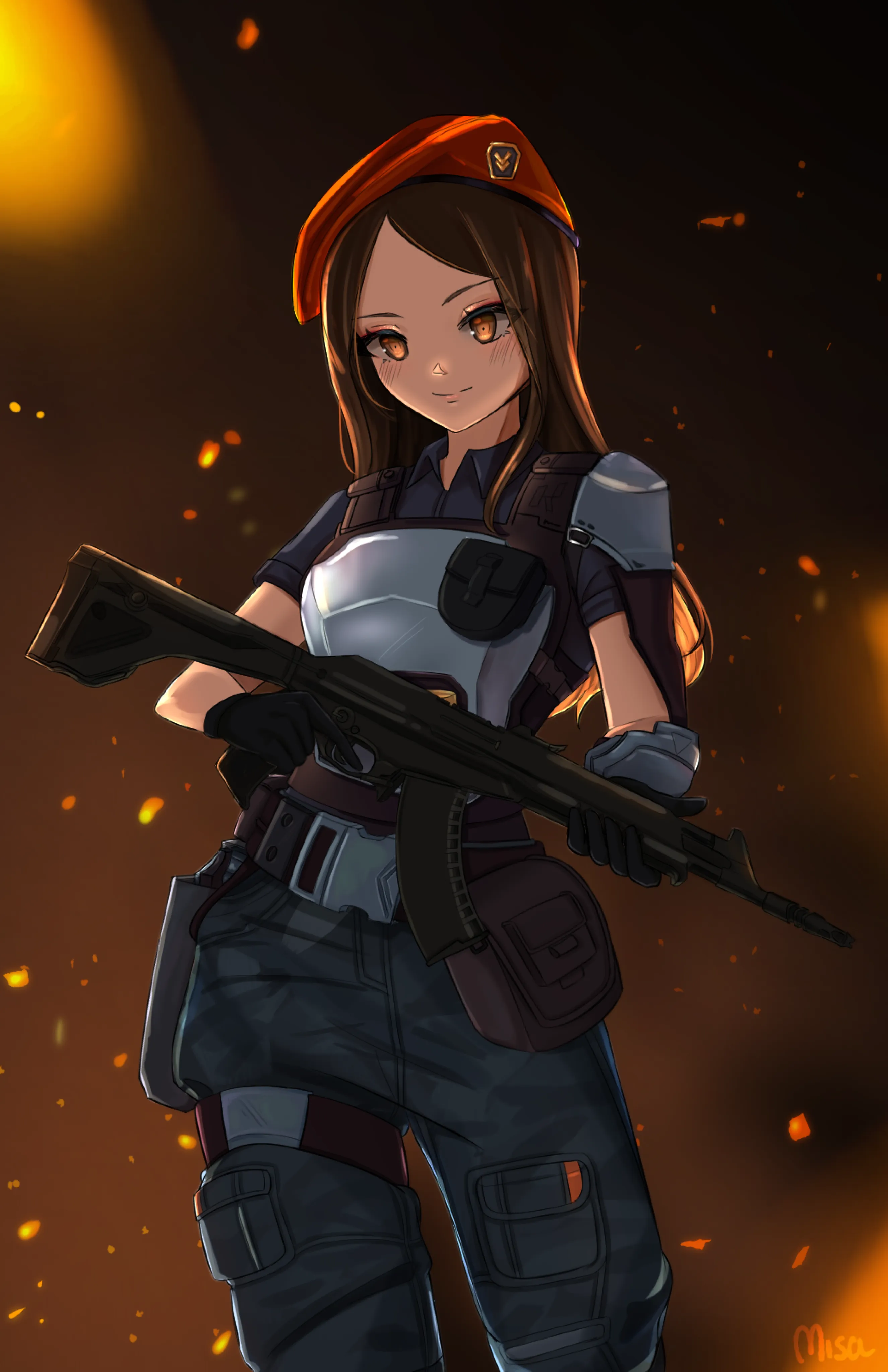 A character in tactical gear holding a rifle, embers drifting behind.