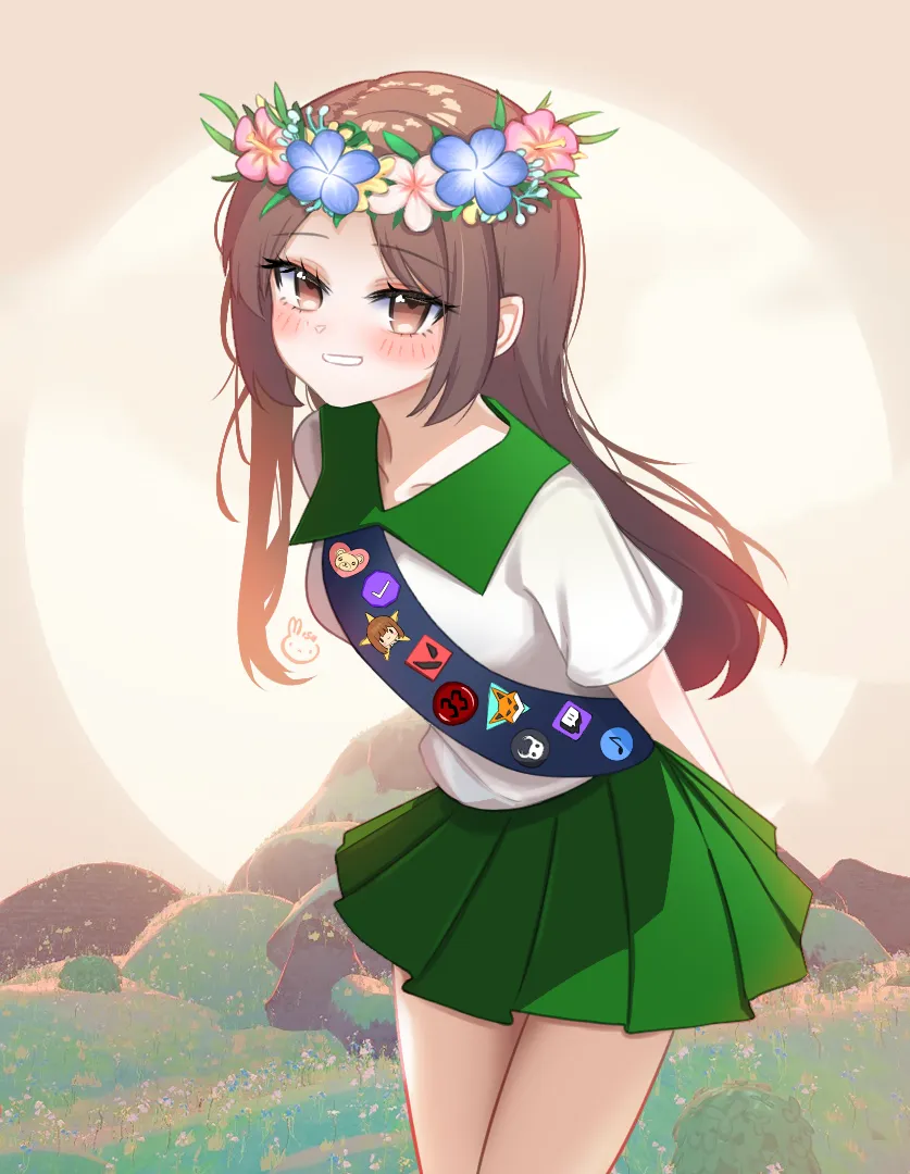 A girl in a flower crown and green skirt with a badge sash.