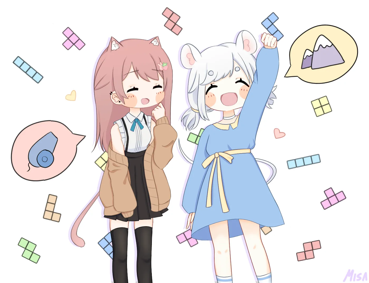 Two chibi cat girls surrounded by falling puzzle blocks.