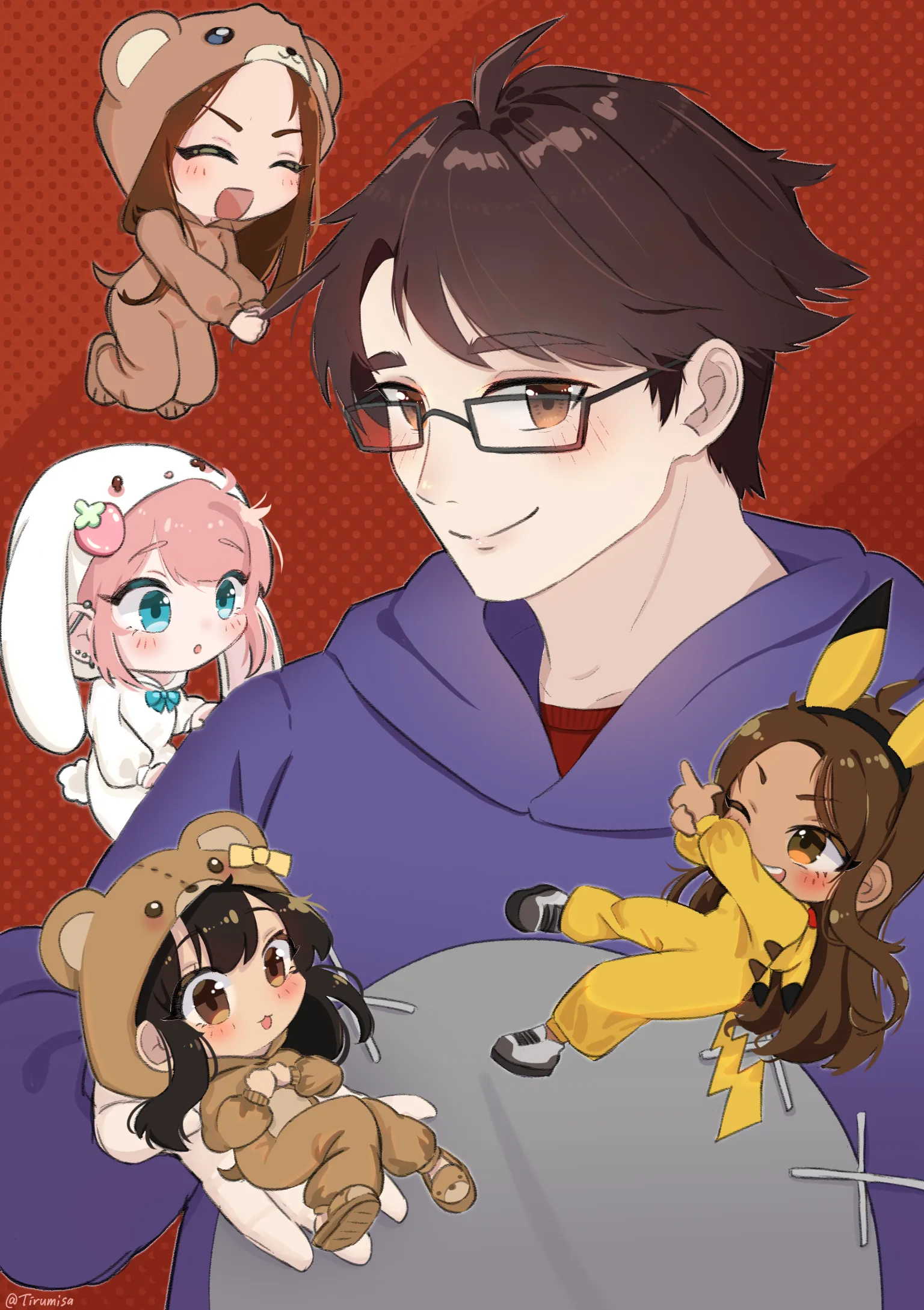A man in glasses and a hoodie, surrounded by plush chibi friends.