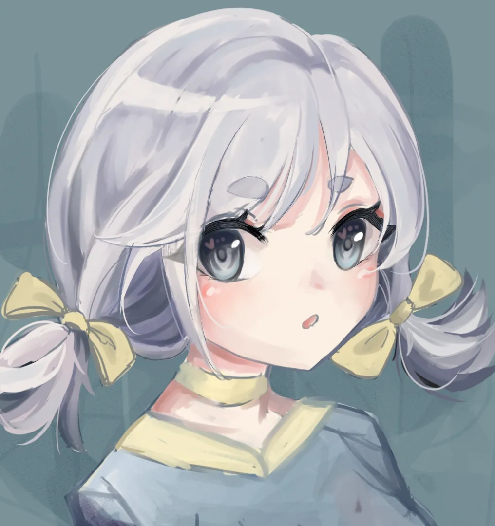 A girl with silver hair and yellow ribbons, painted in soft greys.