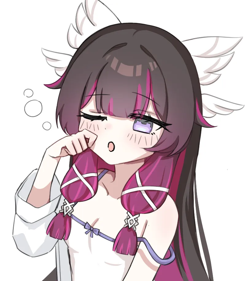A girl with long dark hair and white wings, yawning.