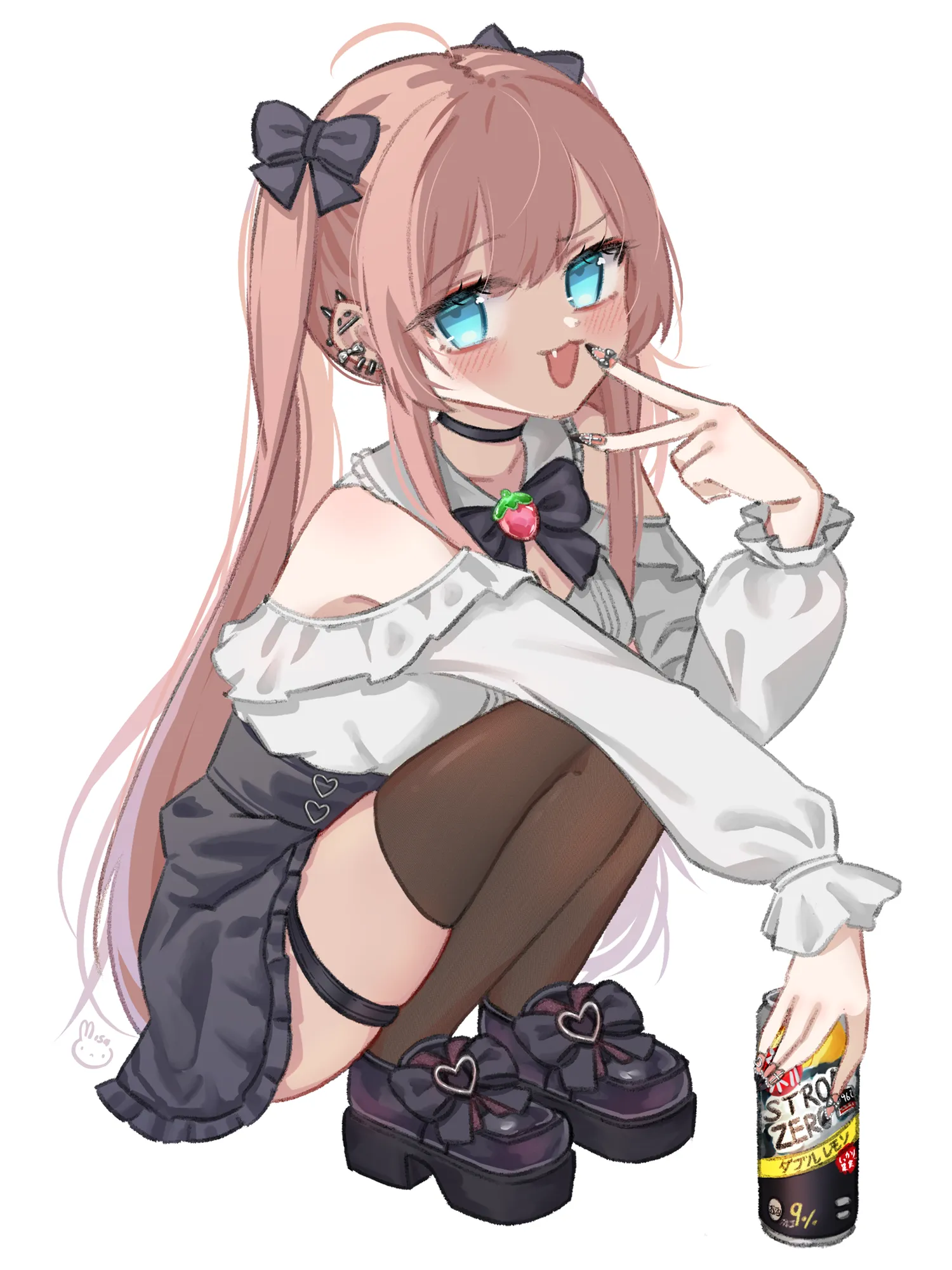 A girl with pink twin-tails sitting with a drink.