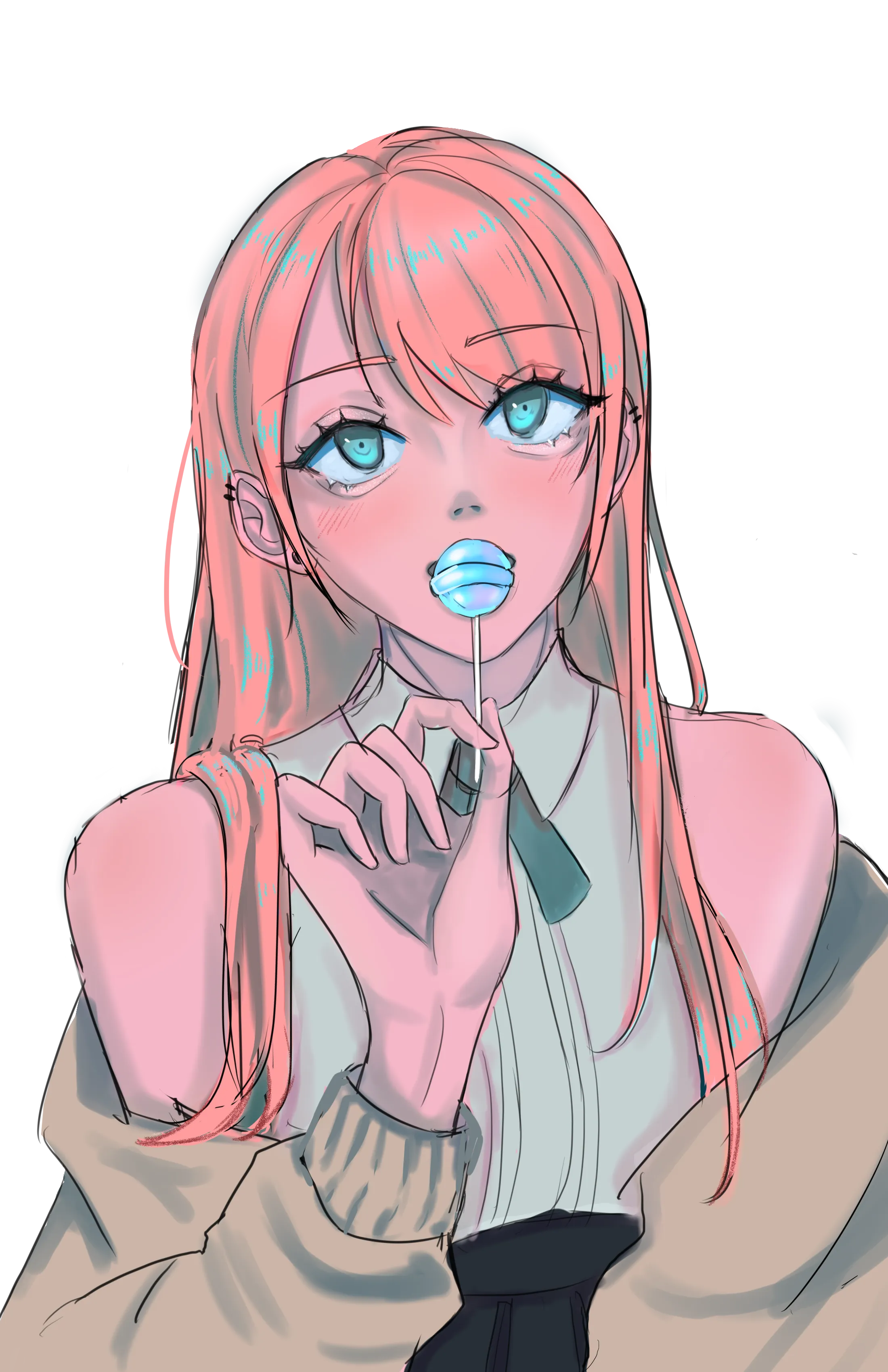 A girl with pink hair and teal eyes holding a lollipop.