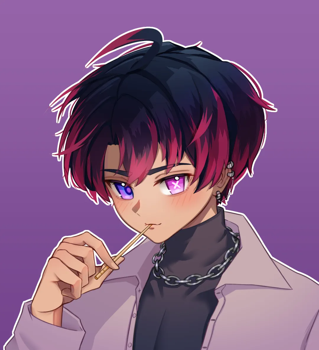 A boy with dark red hair and a chain necklace on a purple background.