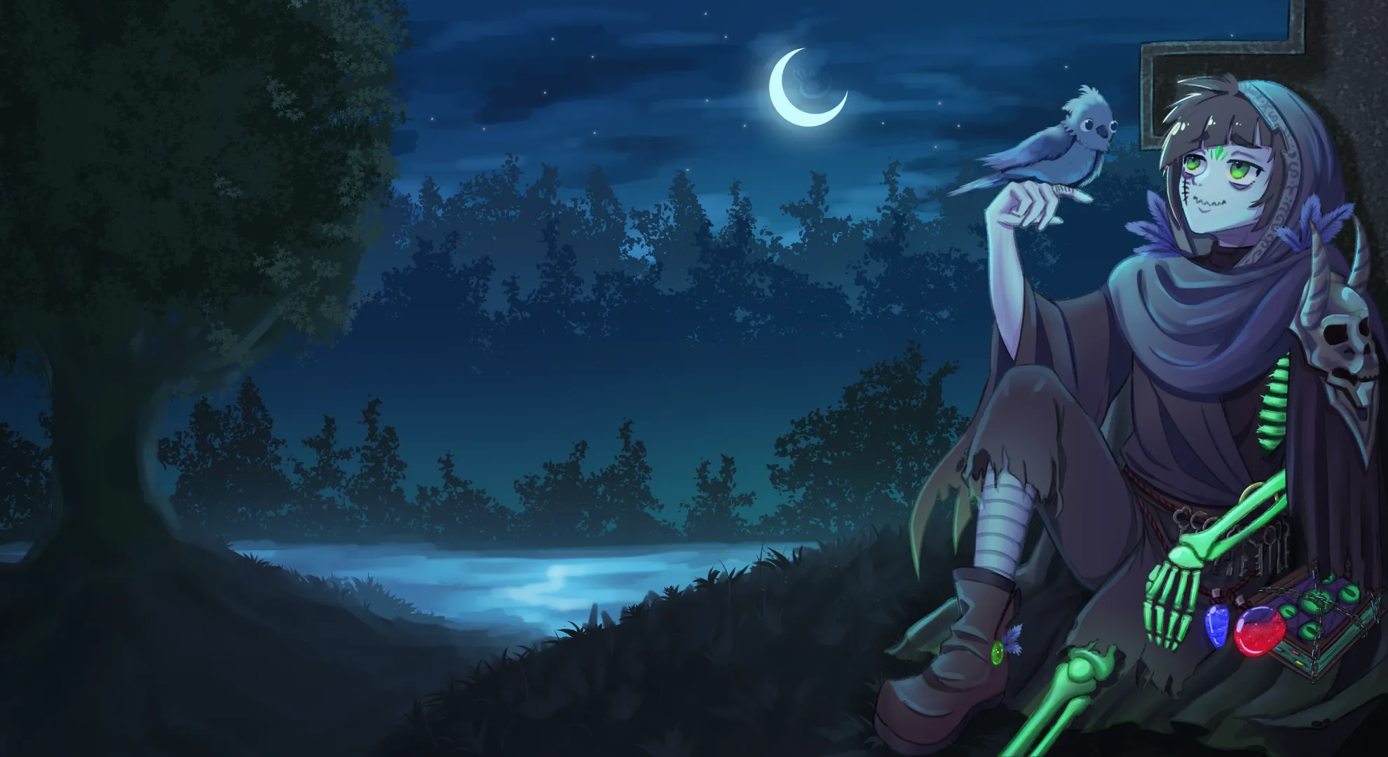 A hooded figure with a bird, overlooking a moonlit forest lake.