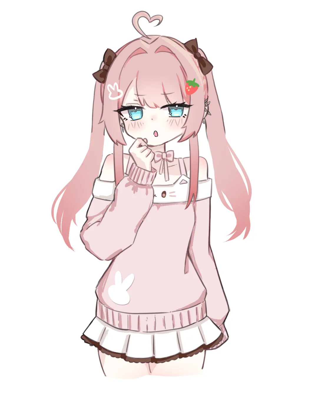 A girl with pink twin-tails in an oversized sweater.