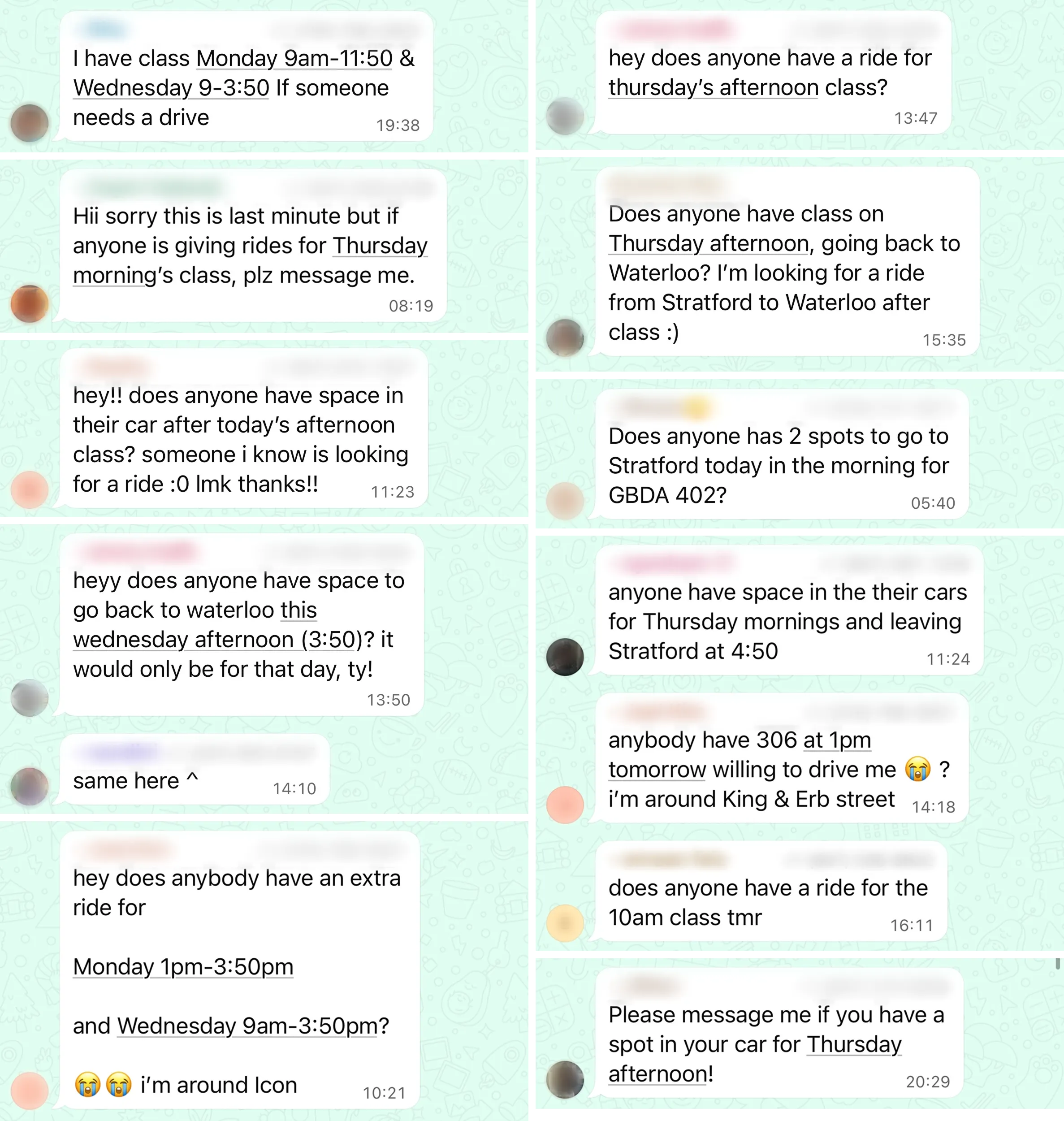 Group chat messages from students asking for rides between Stratford and Waterloo, many with no reply.